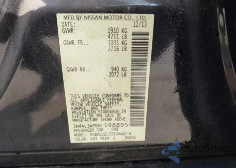 2014 Nissan Altima 2.5 Sv z USA, uszkodzony, nr VIN 1N4AL3AP8EC198895